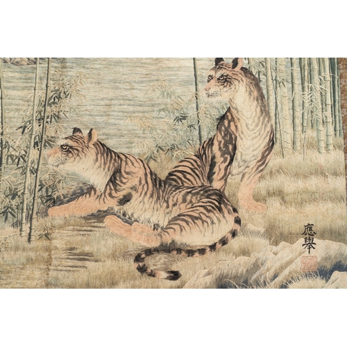 488 - A Japanese embroidered silk with six tigers in the bamboo forest, mark, Meiji, 19th C.Dim.: 206,5 x ... 