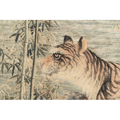 488 - A Japanese embroidered silk with six tigers in the bamboo forest, mark, Meiji, 19th C.Dim.: 206,5 x ... 