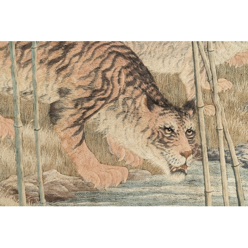 488 - A Japanese embroidered silk with six tigers in the bamboo forest, mark, Meiji, 19th C.Dim.: 206,5 x ... 