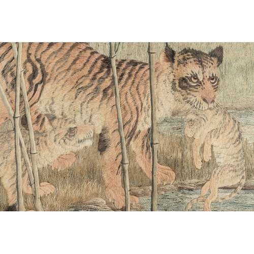 488 - A Japanese embroidered silk with six tigers in the bamboo forest, mark, Meiji, 19th C.Dim.: 206,5 x ... 