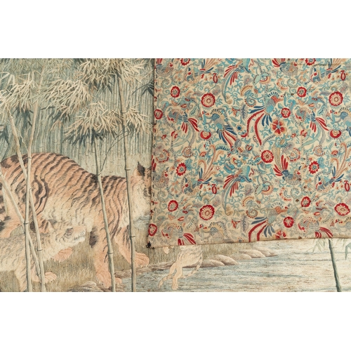 488 - A Japanese embroidered silk with six tigers in the bamboo forest, mark, Meiji, 19th C.Dim.: 206,5 x ... 