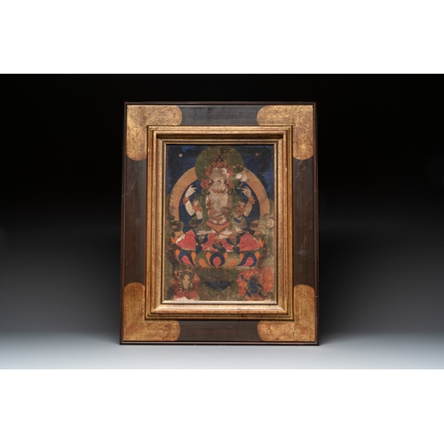 491 - A Tibetan 'Shadaksari Avalokitesvara' thangka, 19th C.Dim.: 63,8 x 51,2 cm (the frame) Dim.: 41 x 28... 