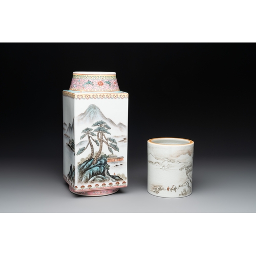 54 - A Chinese famille rose 'cong' vase and a grisaille and iron-red-decorated brush pot, Jingdezhen mark... 