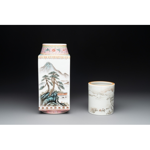 54 - A Chinese famille rose 'cong' vase and a grisaille and iron-red-decorated brush pot, Jingdezhen mark... 