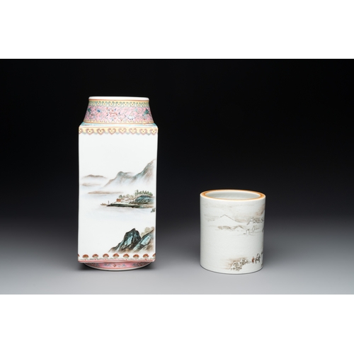 54 - A Chinese famille rose 'cong' vase and a grisaille and iron-red-decorated brush pot, Jingdezhen mark... 