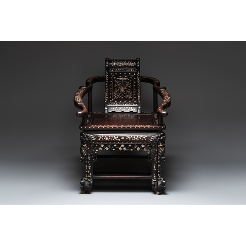 548 - A Chinese mother-of-pearl-inlaid hongmu reclining armchair and retractable footrest, Canton, 19th C.... 