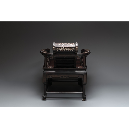 548 - A Chinese mother-of-pearl-inlaid hongmu reclining armchair and retractable footrest, Canton, 19th C.... 