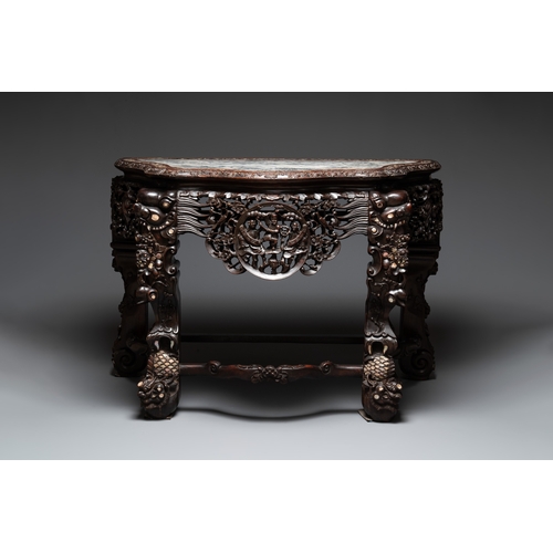 549 - A finely carved Chinese hongmu console table with marble top and mother-of-pearl inlay, Canton, 19th... 