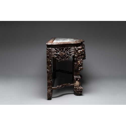 549 - A finely carved Chinese hongmu console table with marble top and mother-of-pearl inlay, Canton, 19th... 