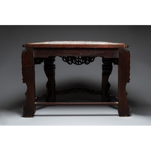 549 - A finely carved Chinese hongmu console table with marble top and mother-of-pearl inlay, Canton, 19th... 