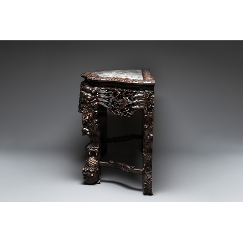 549 - A finely carved Chinese hongmu console table with marble top and mother-of-pearl inlay, Canton, 19th... 