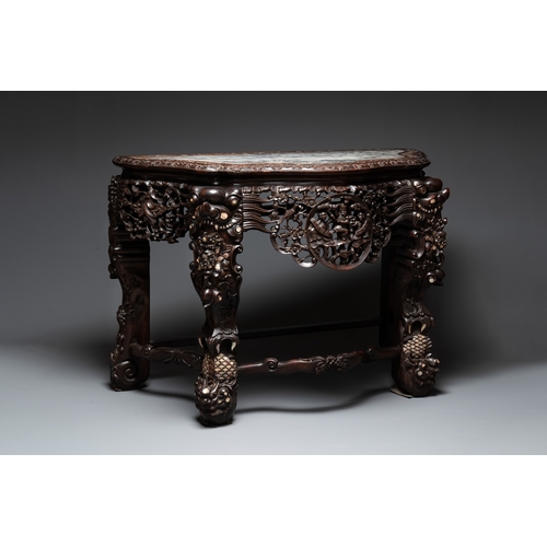 549 - A finely carved Chinese hongmu console table with marble top and mother-of-pearl inlay, Canton, 19th... 