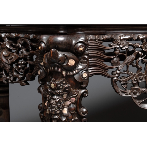 549 - A finely carved Chinese hongmu console table with marble top and mother-of-pearl inlay, Canton, 19th... 