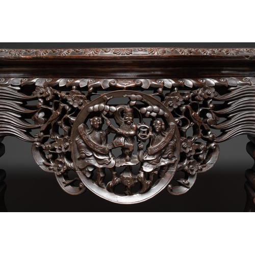 549 - A finely carved Chinese hongmu console table with marble top and mother-of-pearl inlay, Canton, 19th... 