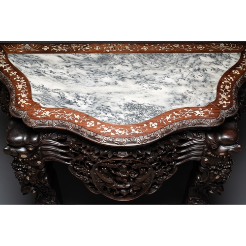 549 - A finely carved Chinese hongmu console table with marble top and mother-of-pearl inlay, Canton, 19th... 