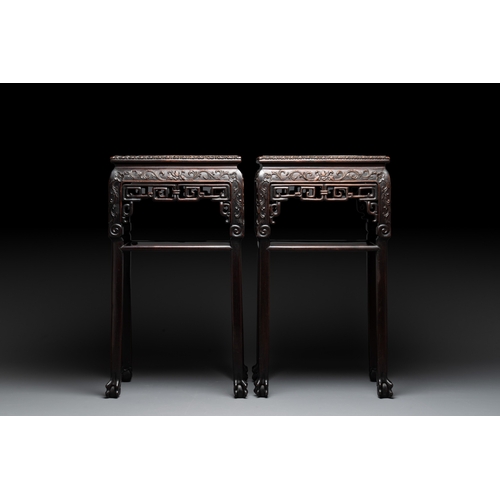 554 - A pair of Chinese famille verte 'narrative' plaques mounted in hardwood tables, 19th C.Dim.: 42 x 31... 