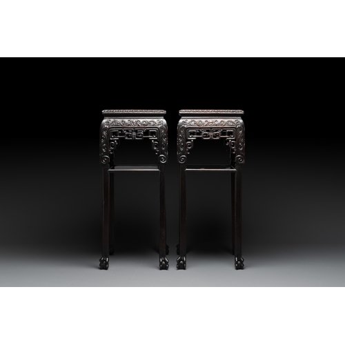 554 - A pair of Chinese famille verte 'narrative' plaques mounted in hardwood tables, 19th C.Dim.: 42 x 31... 