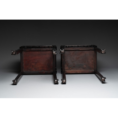 554 - A pair of Chinese famille verte 'narrative' plaques mounted in hardwood tables, 19th C.Dim.: 42 x 31... 