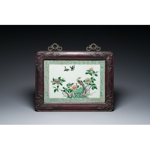 556 - A Chinese famille verte relief-decorated 'peacock' plaque in a finely carved hongmu frame, 19th C.Di... 