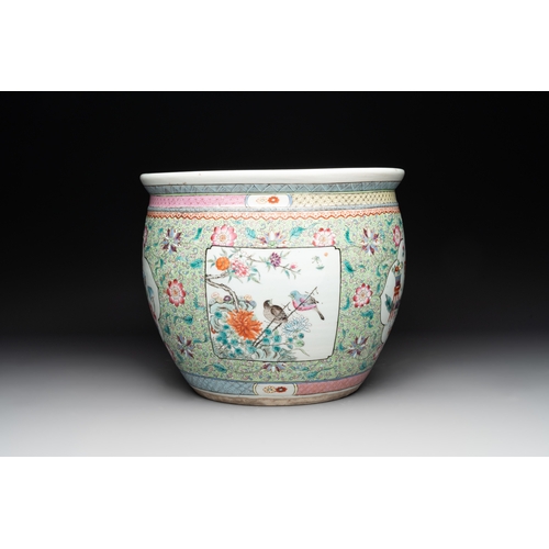 560 - A Chinese famille rose lime-green-ground jardiniÃ¨re with birds, flowers and antiquities, 19th C.Dia... 