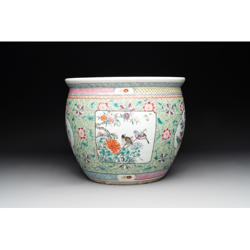 560 - A Chinese famille rose lime-green-ground jardiniÃ¨re with birds, flowers and antiquities, 19th C.Dia... 