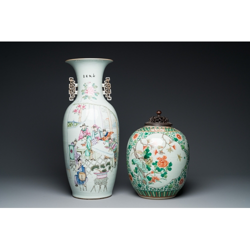 567 - A Chinese famille rose vase and a famille verte jar with wooden cover, signed Mao Zirong, 19th C.H.:... 