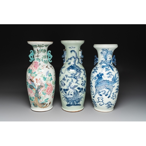 568 - A fine Chinese famille rose 'phoenix' vase and two blue and white celadon-ground vases, 19th C.H.: 6... 