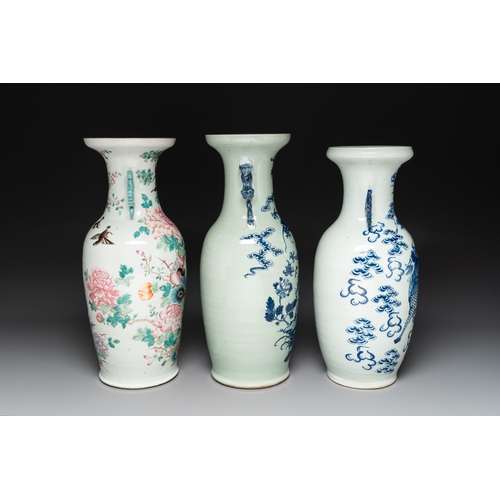 568 - A fine Chinese famille rose 'phoenix' vase and two blue and white celadon-ground vases, 19th C.H.: 6... 