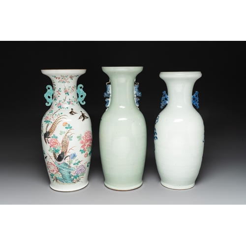 568 - A fine Chinese famille rose 'phoenix' vase and two blue and white celadon-ground vases, 19th C.H.: 6... 