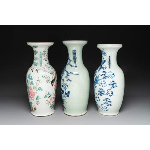 568 - A fine Chinese famille rose 'phoenix' vase and two blue and white celadon-ground vases, 19th C.H.: 6... 