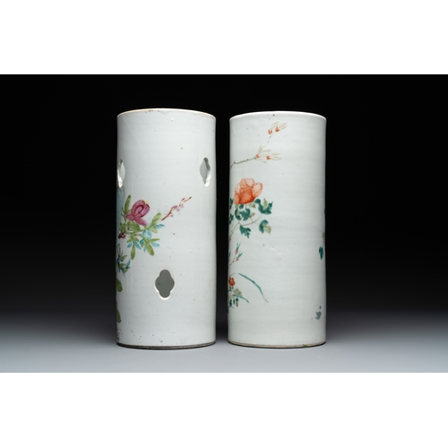 570 - Four Chinese famille rose 'birds and flowers' hat stands, signed Jiang Xiangzong and Xing Ming, Tong... 