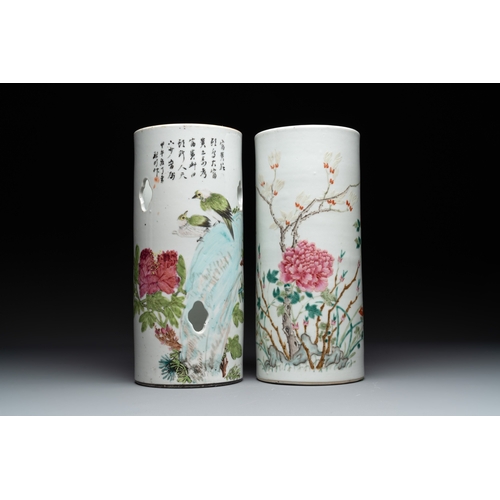 570 - Four Chinese famille rose 'birds and flowers' hat stands, signed Jiang Xiangzong and Xing Ming, Tong... 