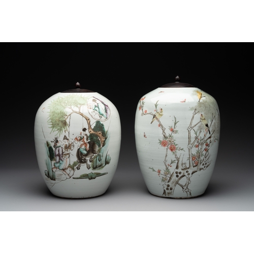 571 - Two Chinese famille rose jars and a brush pot, signed Ju Yi Tai, 'B.E.E. CHINESE RESTAURANT' mark, d... 