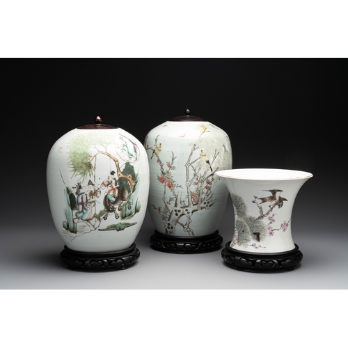 571 - Two Chinese famille rose jars and a brush pot, signed Ju Yi Tai, 'B.E.E. CHINESE RESTAURANT' mark, d... 