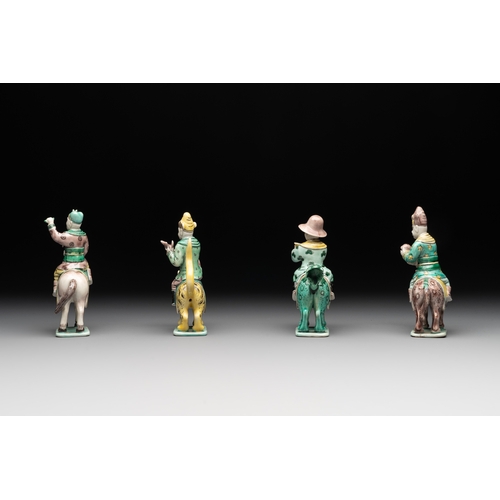 578 - Eight Chinese verte biscuit figures riding mythical animals, 19/20th C.Dim.: 8,8 x 4,8 x 12 cm (the ... 