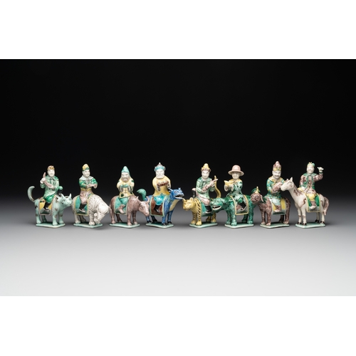 578 - Eight Chinese verte biscuit figures riding mythical animals, 19/20th C.Dim.: 8,8 x 4,8 x 12 cm (the ... 