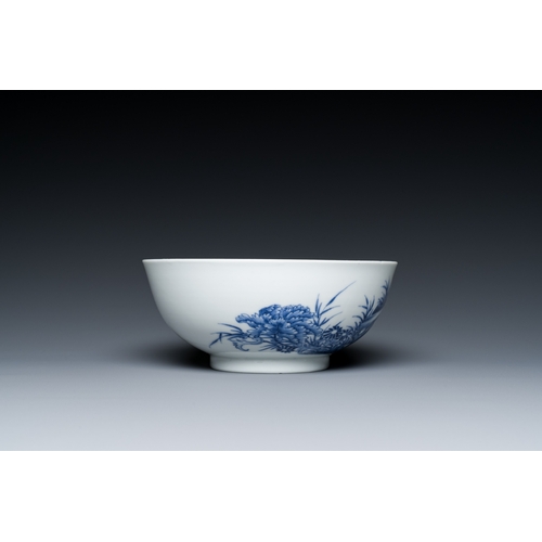 68 - A Chinese blue and white bowl with floral design and a famille verte yellow-ground 'bamboo' bowl, To... 