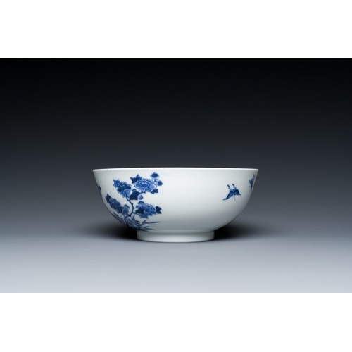 68 - A Chinese blue and white bowl with floral design and a famille verte yellow-ground 'bamboo' bowl, To... 