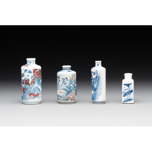 7 - Four Chinese blue, white and copper-red snuff bottles with figural design, Yongzheng mark, 19th C.H.... 