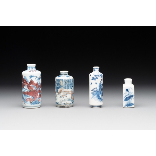 7 - Four Chinese blue, white and copper-red snuff bottles with figural design, Yongzheng mark, 19th C.H.... 