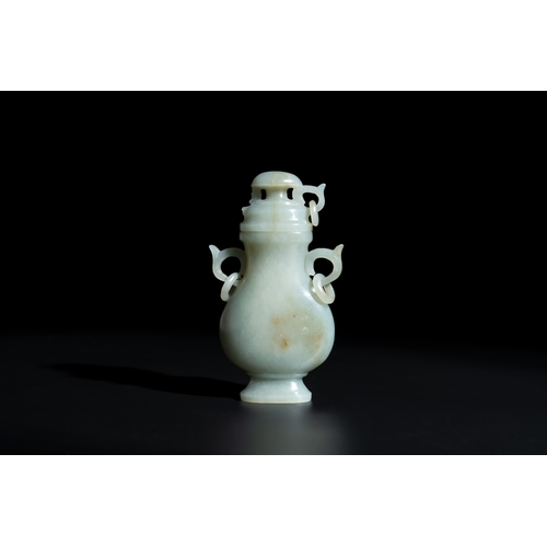 721 - A Chinese white and russet jade lotus-form brush washer and two covered vases, QingDim.: 13 x 8,5 x ... 