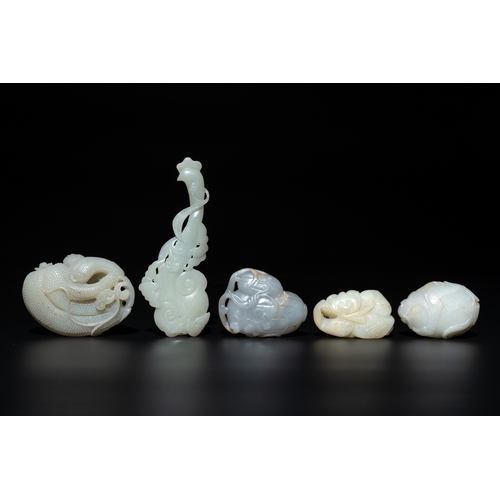 725 - Five Chinese white, celadon and russet jade carvings of three melons, a lotus pod and a lingzhi, 19t... 