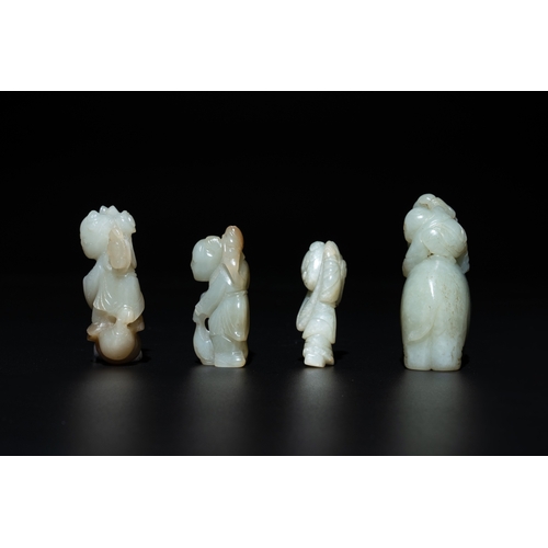 728 - Nine Chinese jade carvings of figures, 19/20th C.H.: 9 cm (the tallest carving excl. stand) H.: 4,7 ... 