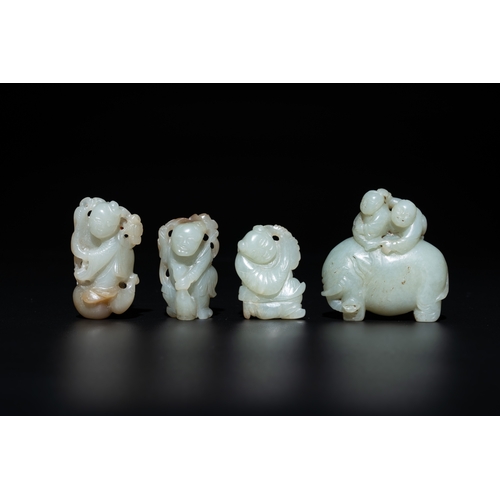 728 - Nine Chinese jade carvings of figures, 19/20th C.H.: 9 cm (the tallest carving excl. stand) H.: 4,7 ... 