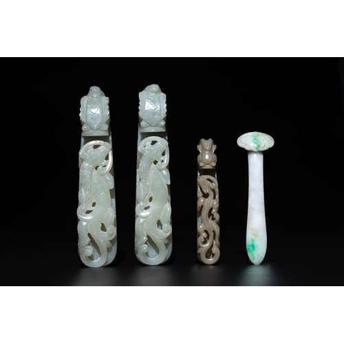 745 - Three Chinese jade belt hooks, a hairpin, a bangle and an archer's ring, 19/20th C.L.: 13,5 cm (the ... 