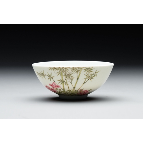 79 - A Chinese famille rose 'peony and bamboo' bowl, Yongzheng mark, 20th C.Dia.: 12 cm - H.: 5 cm... 