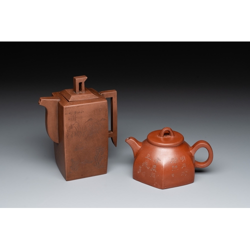 810 - Two Chinese Yixing stoneware teapots with inscriptions, Chen Mingyuan mark, 19th C.L.: 13,2 cm - H.:... 