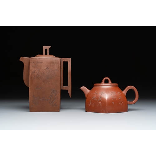 810 - Two Chinese Yixing stoneware teapots with inscriptions, Chen Mingyuan mark, 19th C.L.: 13,2 cm - H.:... 