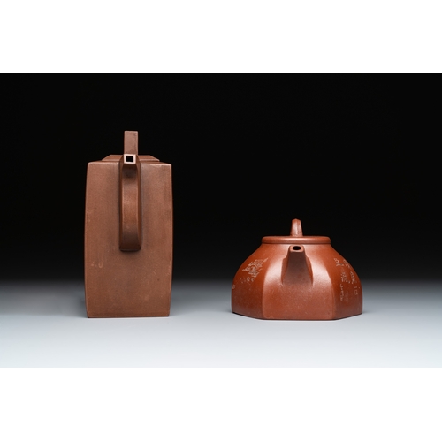 810 - Two Chinese Yixing stoneware teapots with inscriptions, Chen Mingyuan mark, 19th C.L.: 13,2 cm - H.:... 