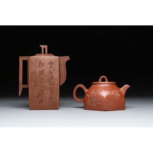 810 - Two Chinese Yixing stoneware teapots with inscriptions, Chen Mingyuan mark, 19th C.L.: 13,2 cm - H.:... 